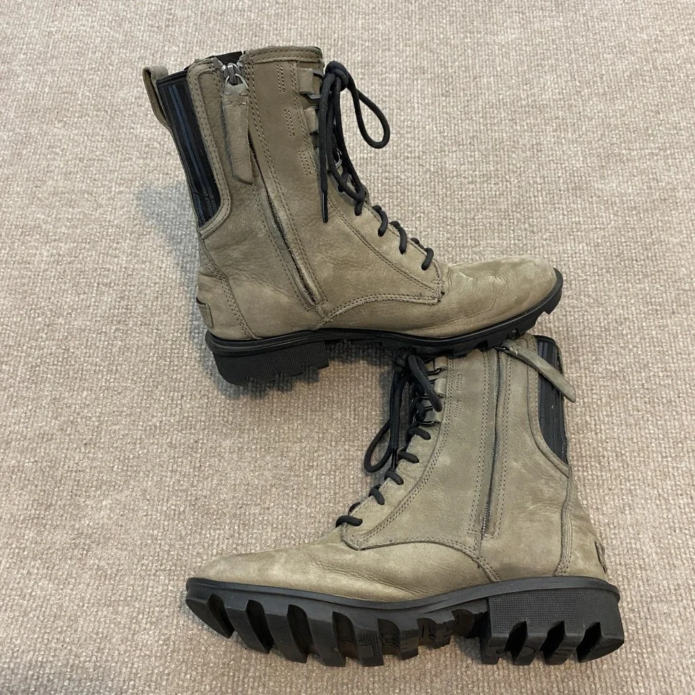 Sorel Olive Lace-Up Leather Combat Boots with Black Elastic Panels